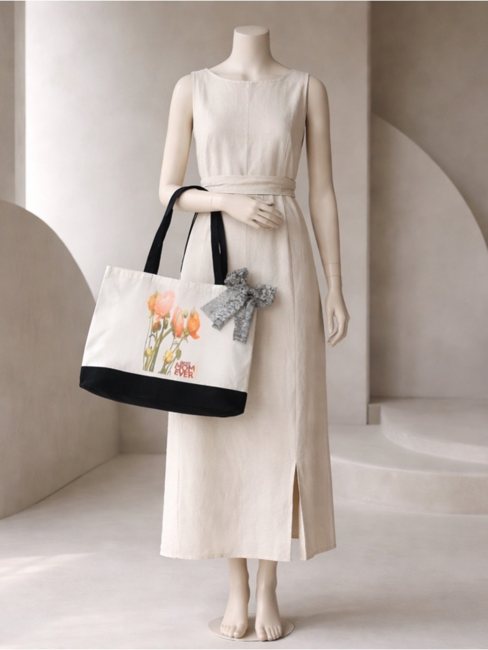 Cream Floral Canvas Tote with Black Trim and Bow Accent